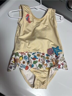 Bella Bliss Yellow Striped & Sea Life Print Girls One-Piece Swimsuit